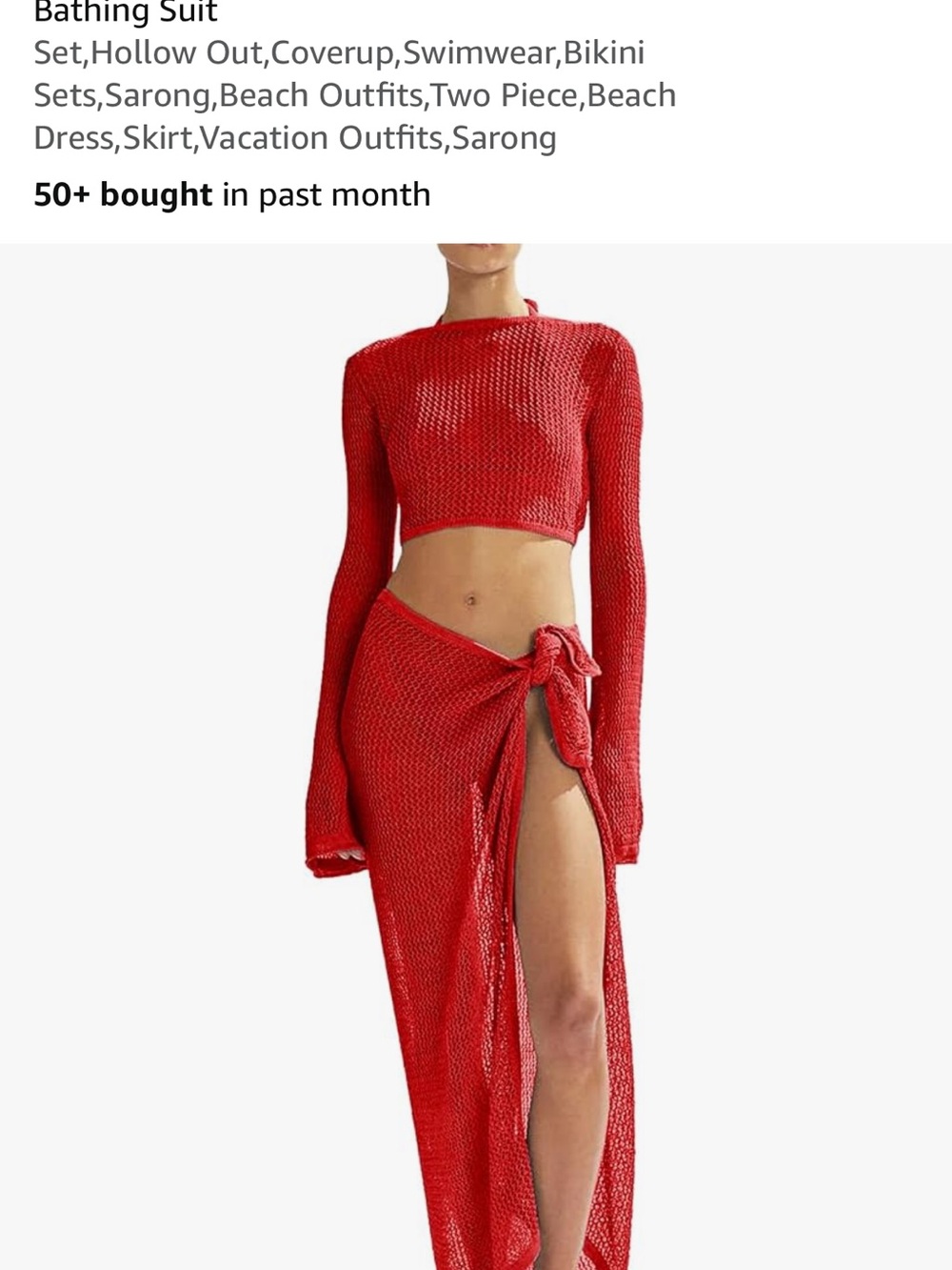 Women's Red Crochet Swim Coverup Set - Long Sleeve Crop Top & Sarong